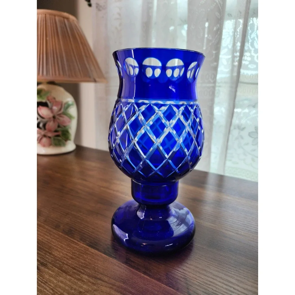 Cobalt Blue Fairy Lamp Crystal Victorian Cut Glass Hurricane Candle Cottagecore